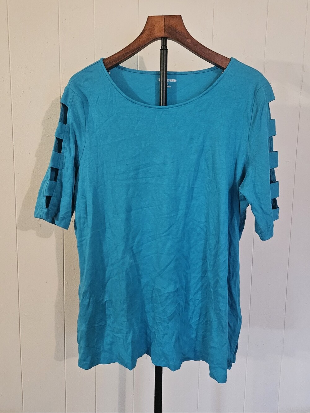 Kim Rogers Teal Short Sleeve Top with Ladder Cutout Sleeves Size XL